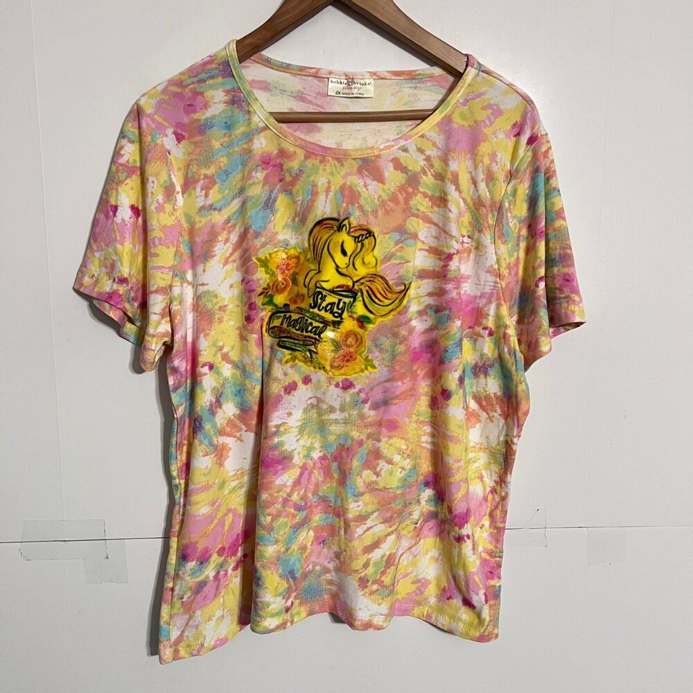 Bobbie Brooks Womens Plus Size T-Shirt Size 2X Multicolor Tie-Dyed Pony Logo